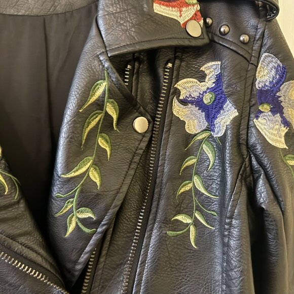Embroidered Black. Vegan Leather Jacket - Picture 2 of 6